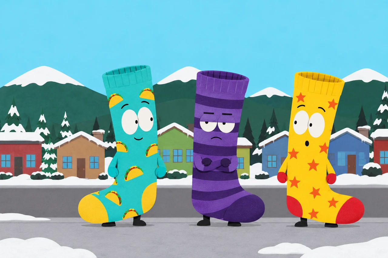 Three original cartoon sock characters, one covered in tacos, one grumpy and striped, and one covered in stars, hanging out in a paper-cutout mountain town.